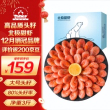 仁豪水产头籽北极甜虾熟冻冰虾净重1.5kg 80-100只/kg 头籽率80% 年货送礼